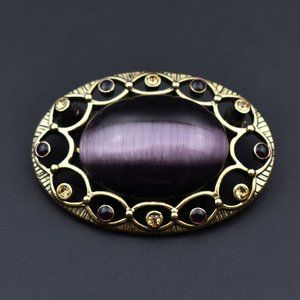 Purple cat eye crystal brooch, large oval brooch, Victorian collar pin